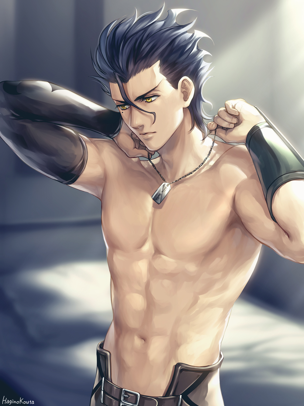 1boy abs arm_guards bangs bed black_hair black_sleeves blurry blurry_background brown_pants chest collarbone commentary_request depth_of_field detached_sleeves diarmuid_ua_duibhne_(fate/grand_order) fate/grand_order fate_(series) fingernails hagino_kouta hair_between_eyes highres indoors long_sleeves looking_away male_focus muscle pants pillow shirtless signature single_detached_sleeve solo upper_body v-shaped_eyebrows yellow_eyes