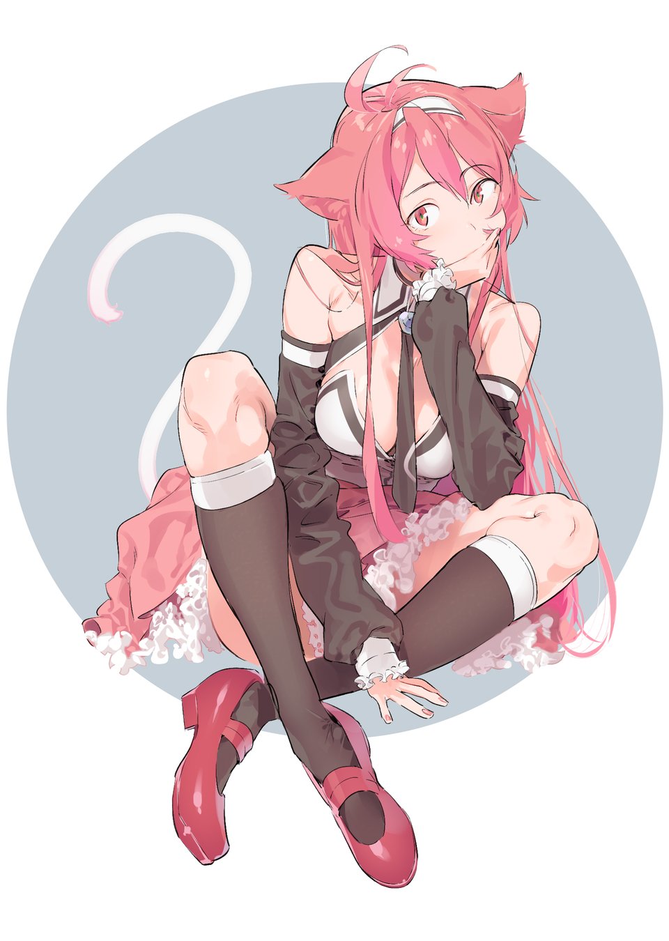 1girl animal_ears bare_shoulders black_legwear breasts cat_ears detached_sleeves eyebrows_visible_through_hair hairband highres kneehighs long_hair looking_at_viewer nanaichi necktie original pink_eyes pink_hair pink_skirt red_footwear sitting skirt solo