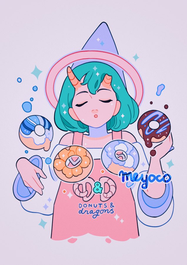 1girl aqua_hair artist_name bangs broken_horn closed_eyes doughnut english_text food grey_background halo hat horns long_sleeves medium_hair meyoco off_shoulder original simple_background solo sparkle upper_body witch_hat