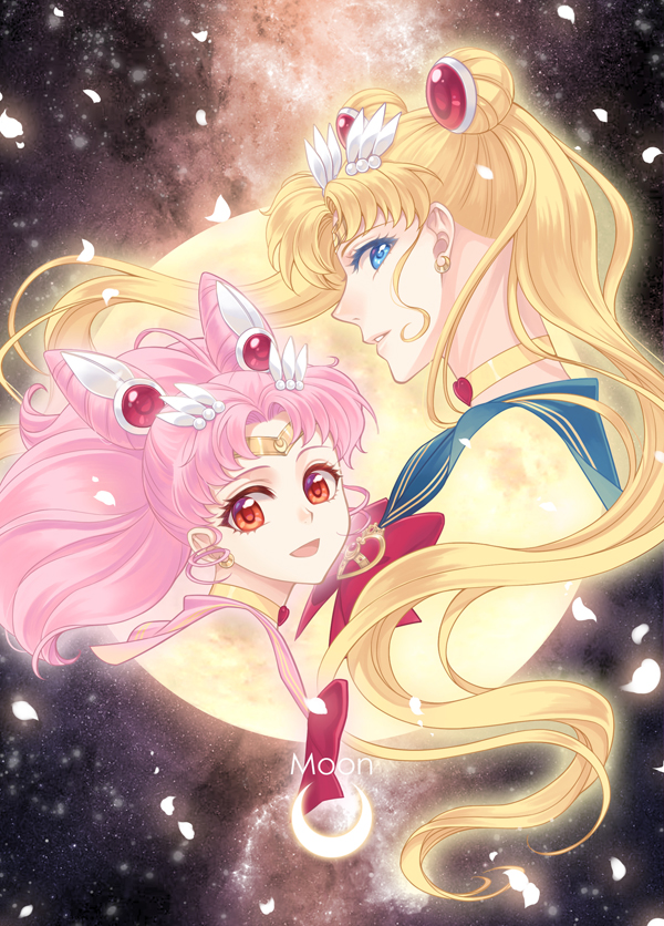 2girls bangs bishoujo_senshi_sailor_moon blonde_hair blue_eyes blue_sailor_collar bow brooch chibi_usa choker circlet colored_eyelashes crescent crescent_earrings earrings english_text floating_hair from_side full_moon hair_ornament hairclip jewelry moon multiple_girls nickii25 night night_sky parted_bangs petals pink_hair profile red_bow red_eyes sailor_chibi_moon sailor_collar sailor_moon sky smile super_sailor_moon tsukino_usagi twintails wind