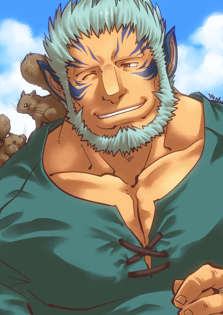 1boy animal animal_on_shoulder aqua_shirt beard blue_hair clouds collarbone day facial_hair fire_emblem fire_emblem:_souen_no_kiseki grin kirupi male_focus mordecai one_eye_closed outdoors pointy_ears red_eyes shiny shiny_hair shirt smile solo squirrel tattoo