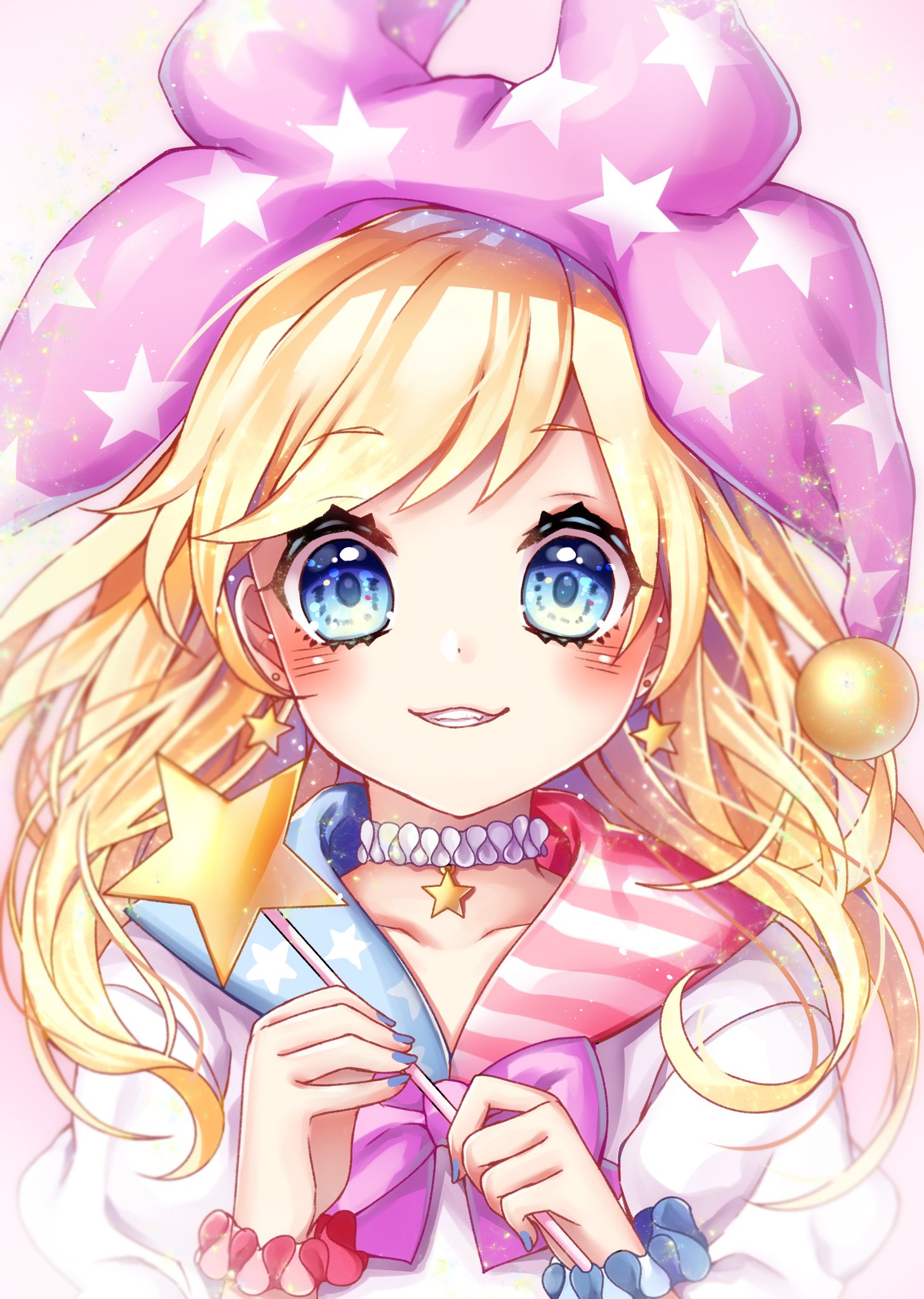 1girl american_flag american_flag_print bangs blonde_hair blue_eyes blue_nails blush bow clownpiece collarbone commentary earrings eyebrows_visible_through_hair fang flag_print grin hat highres holding holding_wand jester_cap jewelry kyouda_suzuka long_hair looking_at_viewer nail_polish neck_ruff pink_background pink_bow pink_headwear puffy_short_sleeves puffy_sleeves sailor_collar shirt short_sleeves smile solo star star_earrings star_print symbol_commentary touhou upper_body wand white_shirt wrist_cuffs