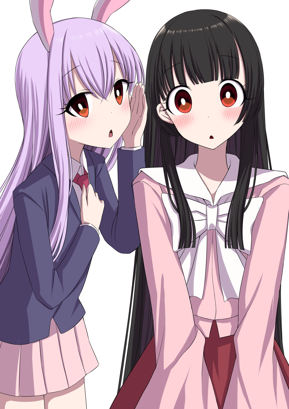 2girls animal_ears arm_up bangs black_hair blazer blouse blunt_bangs blush bow bowtie commentary_request cowboy_shot eyebrows_visible_through_hair hair_between_eyes hand_on_own_chest hand_on_own_face head_tilt highres hime_cut houraisan_kaguya jacket lavender_hair lavender_skirt long_hair long_sleeves looking_at_viewer miniskirt multiple_girls necktie pink_blouse pleated_skirt rabbit_ears red_eyes red_neckwear red_skirt reisen_udongein_inaba shirt sidelocks simple_background skirt standing touhou triangle_mouth tsukimirin v_arms very_long_hair white_background white_neckwear white_shirt wide-eyed wing_collar