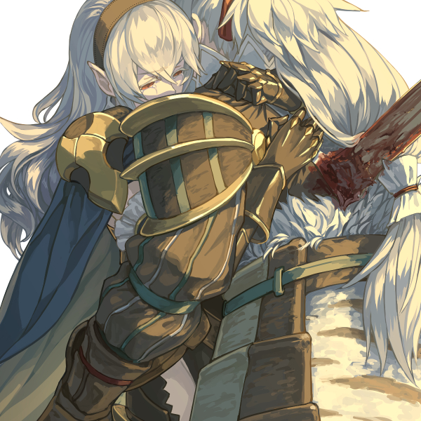 1boy 1girl black_gloves black_hairband blue_cape cape crying crying_with_eyes_open deep_wound dragon_girl elf female_my_unit_(fire_emblem_if) fire_emblem fire_emblem_if floating_hair gloves hair_between_eyes hair_ribbon hairband hug human injury intelligent_systems kamui_(fire_emblem) long_hair manakete mooncanopy my_unit_(fire_emblem_if) nintendo pointy_ears ponytail red_eyes red_ribbon ribbon sad sadness shoulder_armor silver_hair simple_background takumi_(fire_emblem_if) tears very_long_hair white_background