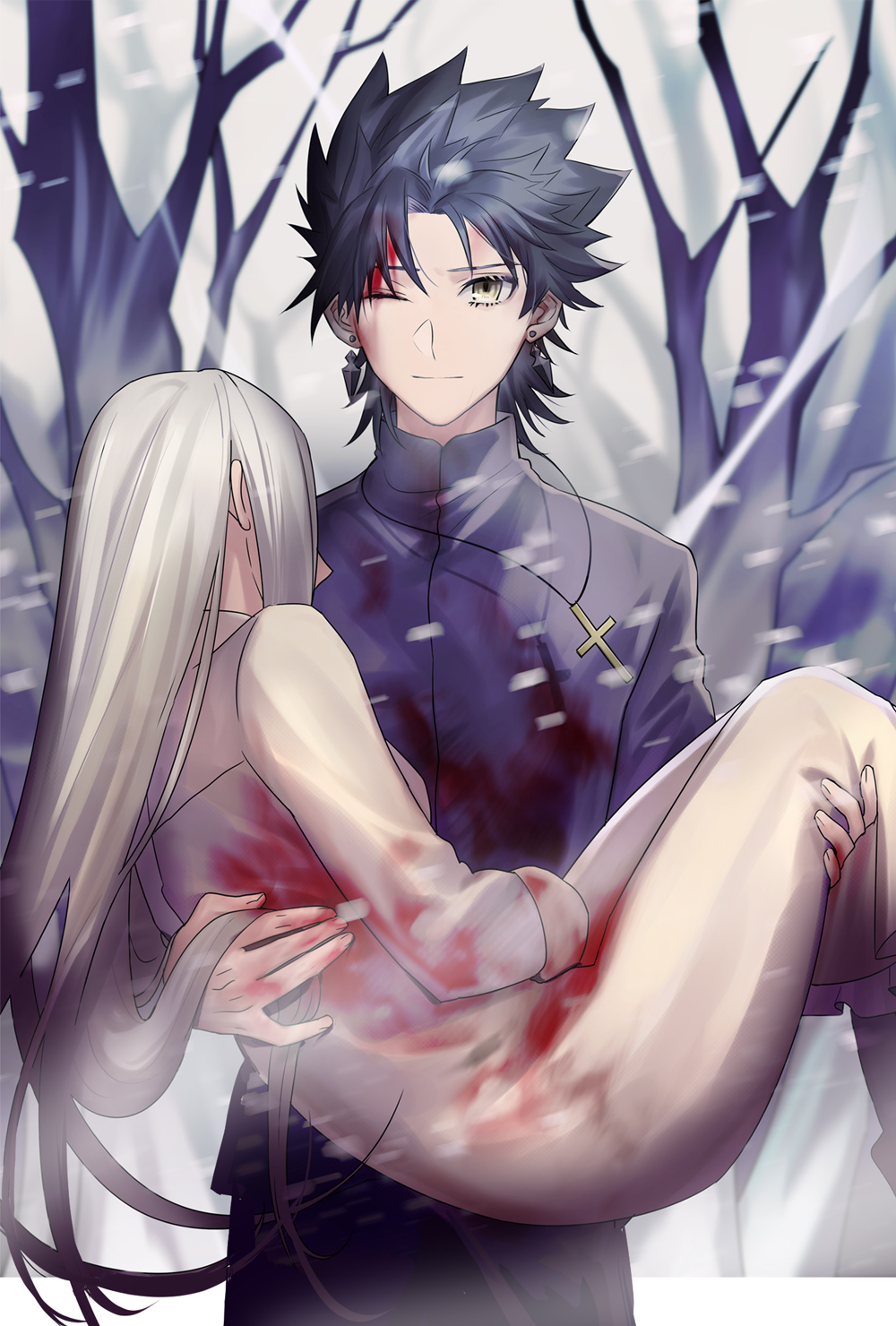 1boy 1girl amakusa_shirou_(fate) black_hair black_jacket blood blood_on_face bloody_clothes carrying character_request closed_mouth cross cross_necklace death dress earrings fate/apocrypha fate_(series) hair_between_eyes highres homunculus jacket jewelry long_hair looking_at_viewer necklace one_eye_closed princess_carry snow snowing spiky_hair tree white_dress white_hair yellow_eyes yijiao