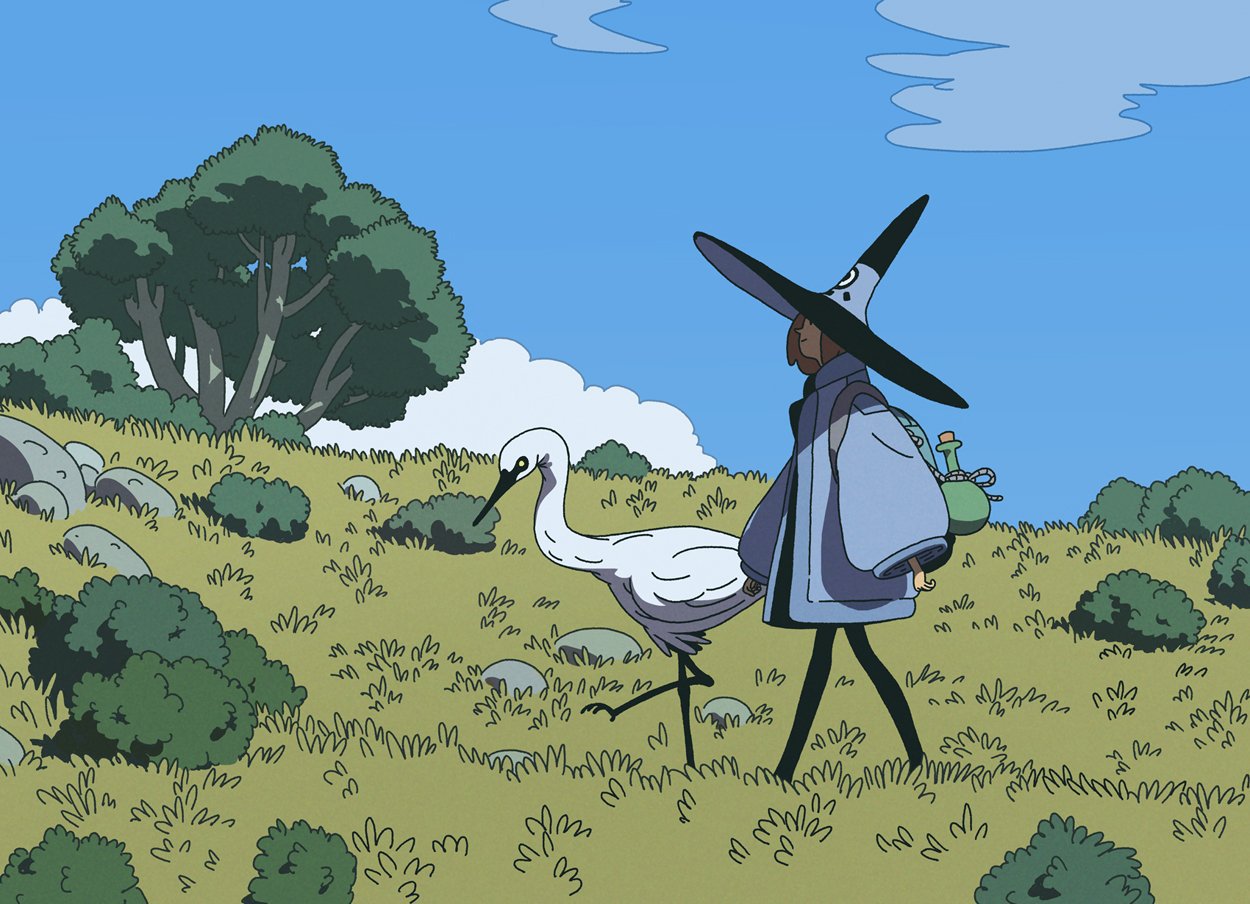 1girl bird blue_sky bush clouds cloudy_sky hat heron long_sleeves original outdoors plant profile sky smile tree varguyart walking white_bird wide_sleeves witch witch_hat