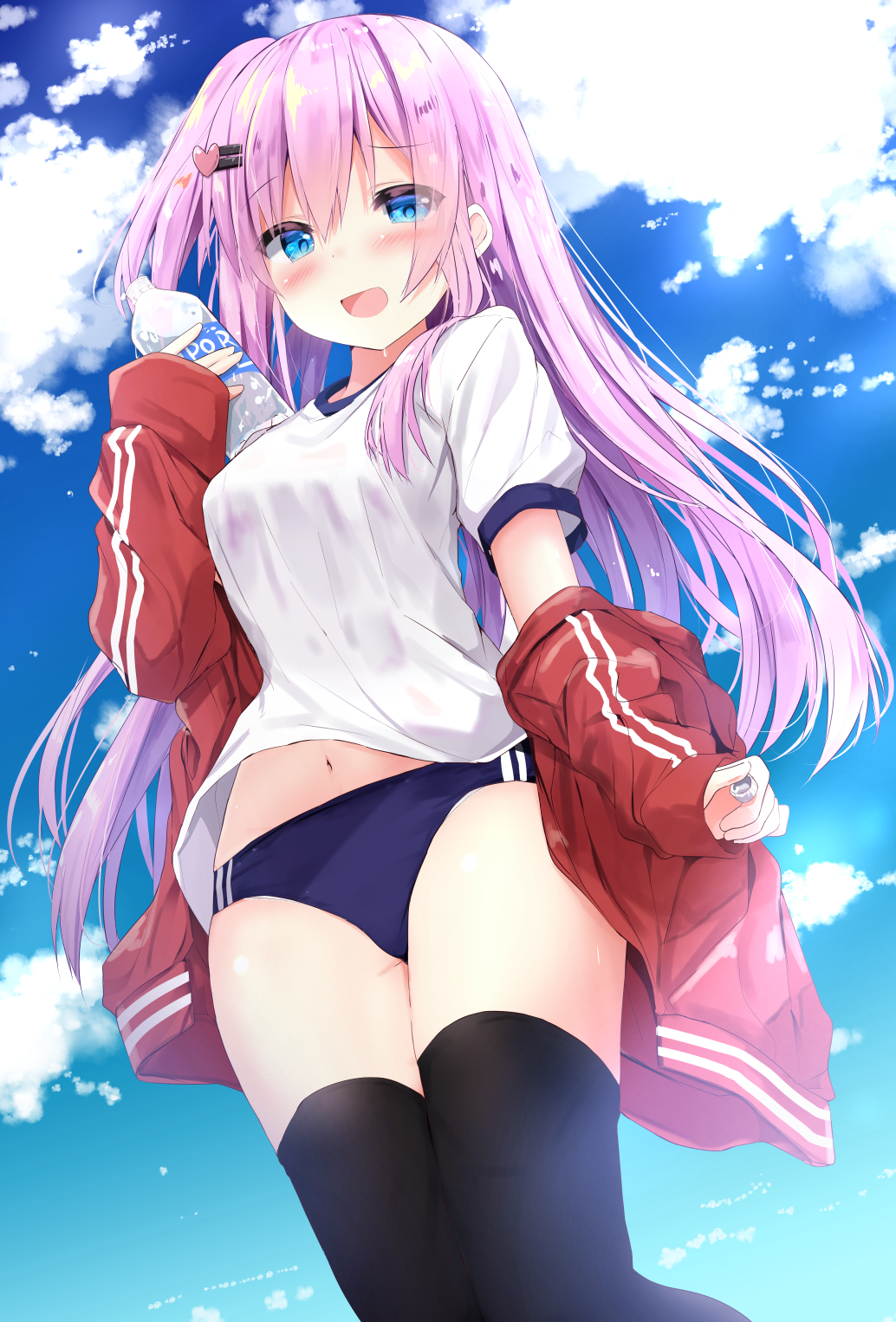 1girl :d bangs black_legwear blue_buruma blue_eyes blue_sky blush bottle breasts buruma clouds cloudy_sky commentary_request day eyebrows_visible_through_hair gym_shirt gym_uniform hair_between_eyes hair_ornament hairclip hand_up heart heart_hair_ornament highres holding holding_bottle jacket kouda_suzu long_hair long_sleeves looking_at_viewer medium_breasts navel off_shoulder one_side_up open_clothes open_jacket open_mouth original outdoors pink_hair puffy_short_sleeves puffy_sleeves red_jacket shirt short_sleeves sky sleeves_past_wrists smile solo thigh-highs track_jacket very_long_hair water_bottle white_shirt