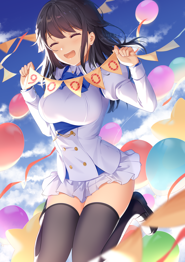 1girl :d ^_^ animal_ears artist_name azur_lane balloon bangs black_footwear black_hair black_legwear blue_neckwear blue_sky blush bow bowtie breasts choukai_(azur_lane) closed_eyes clouds commentary day eyebrows_visible_through_hair hair_between_eyes hair_ornament holding juliet_sleeves jumping large_breasts loafers long_hair long_sleeves open_mouth outdoors pennant pleated_skirt puffy_sleeves rimuu shirt shoes sidelocks skindentation skirt sky smile solo streamers thigh-highs thighs watermark