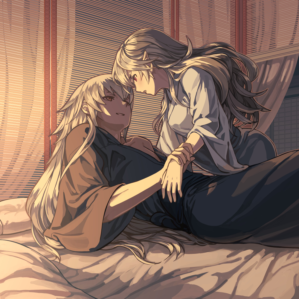 1boy 1girl alternate_hairstyle bed_sheet black_kimono curtains eye_contact female_my_unit_(fire_emblem_if) fire_emblem fire_emblem_if grey_kimono indoors japanese_clothes kimono long_hair looking_at_another mooncanopy my_unit_(fire_emblem_if) on_bed on_shoulder open_mouth orange_eyes parted_lips pointy_ears red_eyes shiny shiny_hair silver_hair takumi_(fire_emblem_if) very_long_hair wrist_grab