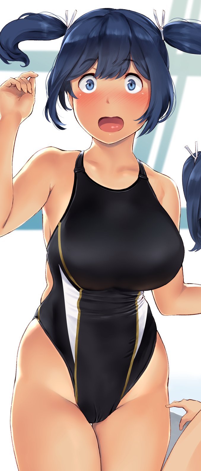 2girls arm_up black_swimsuit blue_eyes blue_hair blush breasts collarbone hair_up highres kantai_collection large_breasts long_hair looking_at_viewer multicolored multicolored_clothes multicolored_swimsuit multiple_girls one-piece_swimsuit open_mouth rei_no_pool skindentation solo_focus souryuu_(kantai_collection) standing surprised swimsuit twintails upper_body wa_(genryusui)