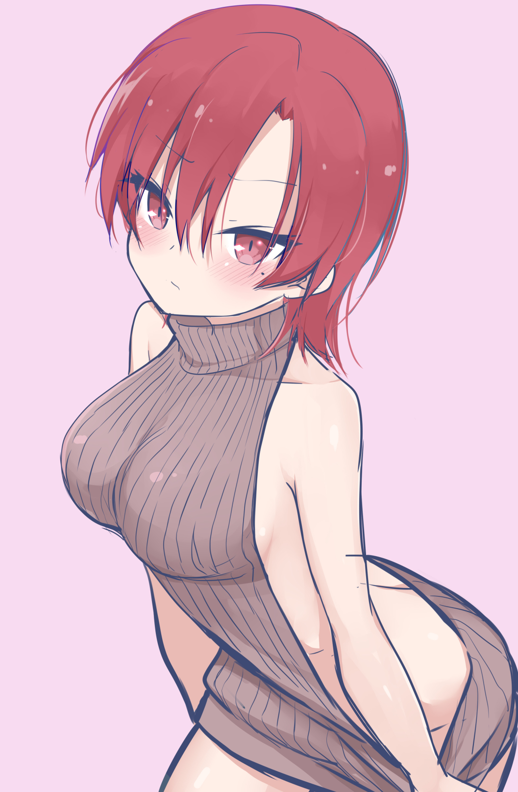 1girl backless_dress backless_outfit bare_arms bare_shoulders bazett_fraga_mcremitz blush breasts dress eyebrows_visible_through_hair fate/hollow_ataraxia fate_(series) hair_between_eyes highres kamu_(geeenius) large_breasts looking_at_viewer meme_attire mole mole_under_eye naked_sweater no_bra no_panties pink_background redhead short_hair sideboob simple_background solo sweater sweater_dress turtleneck turtleneck_sweater virgin_killer_sweater