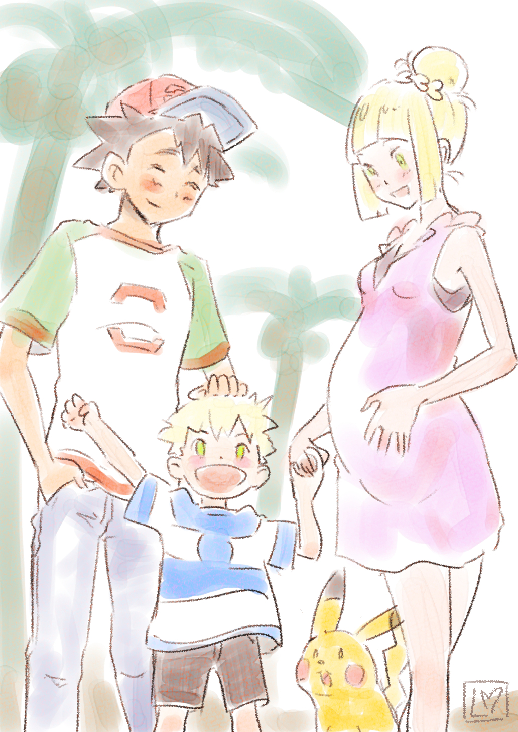 baseball_cap blonde_hair green_eyes hat highres if_they_mated li_(lithium0522) lillie_(pokemon) pikachu pink_shirt pokemon pokemon_(anime) pokemon_sm_(anime) pregnant satoshi_(pokemon) shirt stiped_shirt