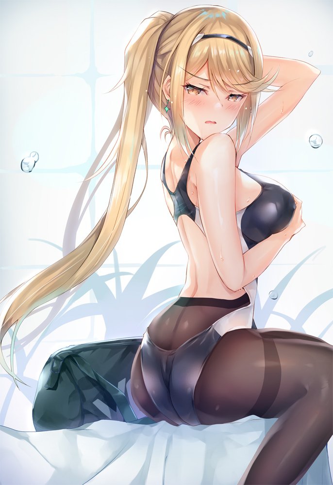 1girl arm_up ass bangs blonde_hair blush breasts earrings gem hand_on_own_chest headpiece mythra_(xenoblade) hinot jewelry large_breasts long_hair looking_at_viewer lying nintendo pantyhose ponytail shadow solo swept_bangs swimsuit thigh-highs thigh_strap tiara wet xenoblade_(series) xenoblade_2 yellow_eyes