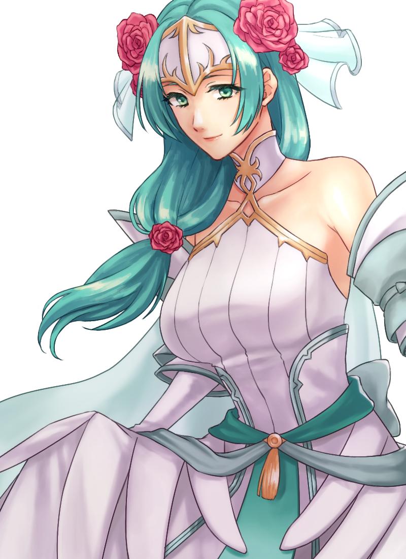 aqua_eyes aqua_hair bare_shoulders bride closed_mouth dress fire_emblem fire_emblem:_akatsuki_no_megami fire_emblem:_souen_no_kiseki fire_emblem_heroes flower hair_flower hair_ornament hazuki_(nyorosuke) headpiece long_hair sigrun simple_background smile veil wedding_dress white_background white_dress