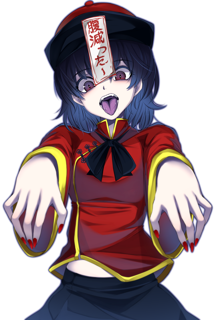 1girl bangs black_neckwear black_ribbon black_skirt blue_hair breasts chinese_clothes eyebrows_visible_through_hair fangs hat head_tilt jiangshi long_sleeves looking_at_viewer midriff_peek miyako_yoshika nail_polish neck_ribbon ofuda open_mouth outstretched_arms paburisiyasu pale_skin red_eyes red_nails red_shirt ribbon shirt short_hair simple_background skirt small_breasts solo tongue tongue_out touhou upper_body white_background wide_sleeves zombie zombie_pose