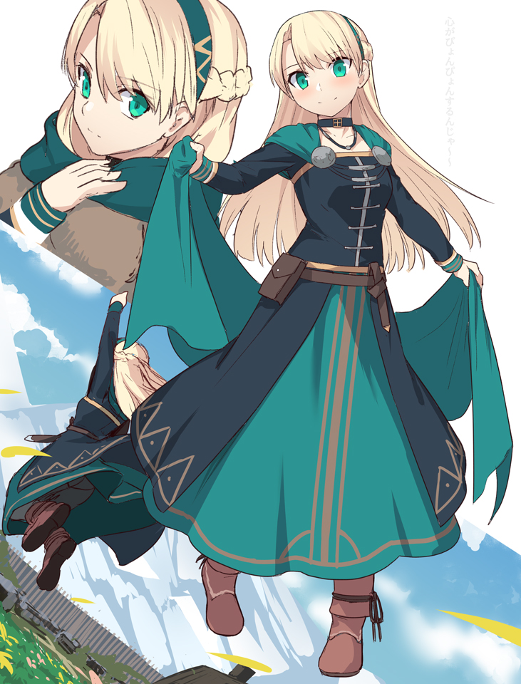 1girl bangs blonde_hair blush boots breasts choker collarbone commentary_request dress eyebrows_visible_through_hair fate/grand_order fate_(series) gerda_(fate) green_eyes green_hairband hairband jewelry jumping long_hair long_sleeves looking_at_viewer medium_breasts mountainous_horizon multiple_views necklace shiseki_hirame smile translated