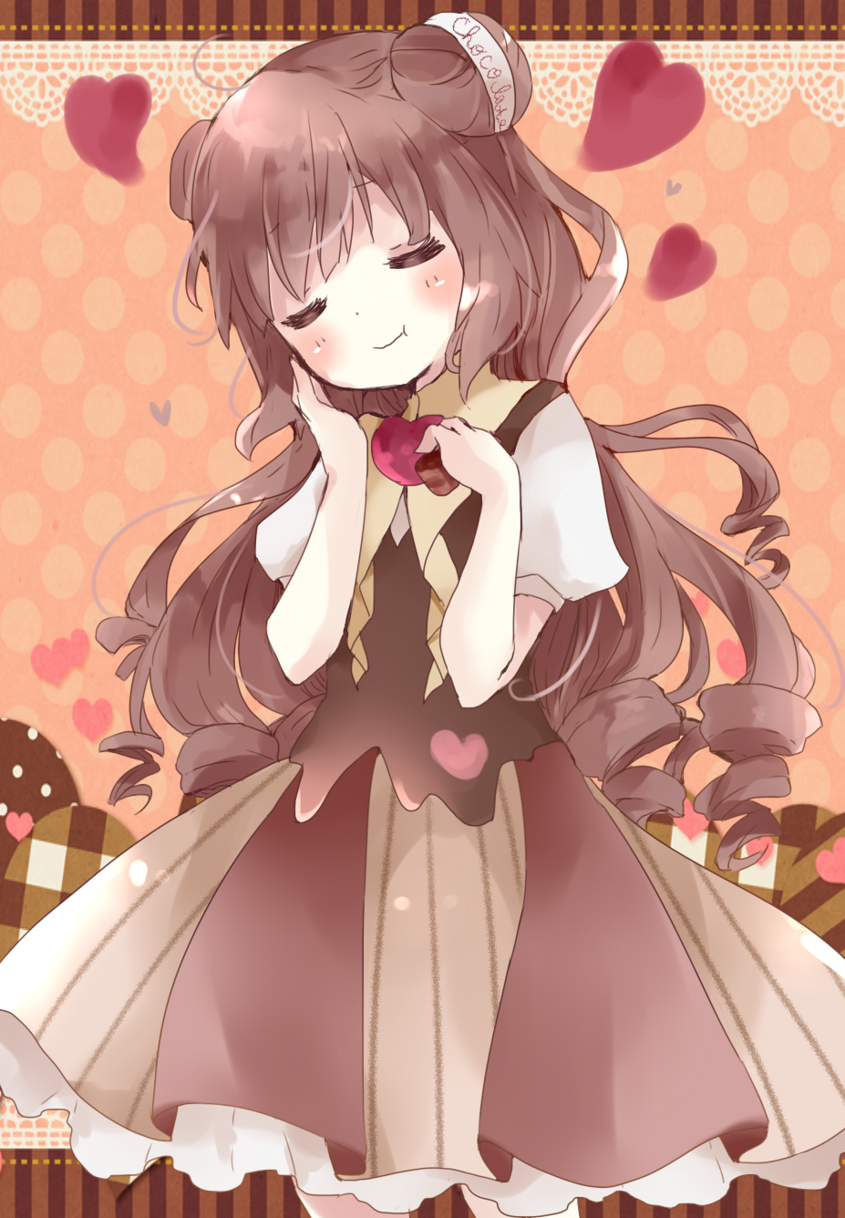 1girl :t =_= blush brown_hair brown_skirt brown_vest chocolate closed_eyes closed_mouth double_bun eating facing_viewer food head_tilt heart highres holding holding_food long_hair original plaid polka_dot polka_dot_background puffy_short_sleeves puffy_sleeves ringlets shirt short_sleeves skirt solo striped striped_background tsukiyo_(skymint) vertical-striped_background vertical_stripes very_long_hair vest wavy_mouth white_shirt