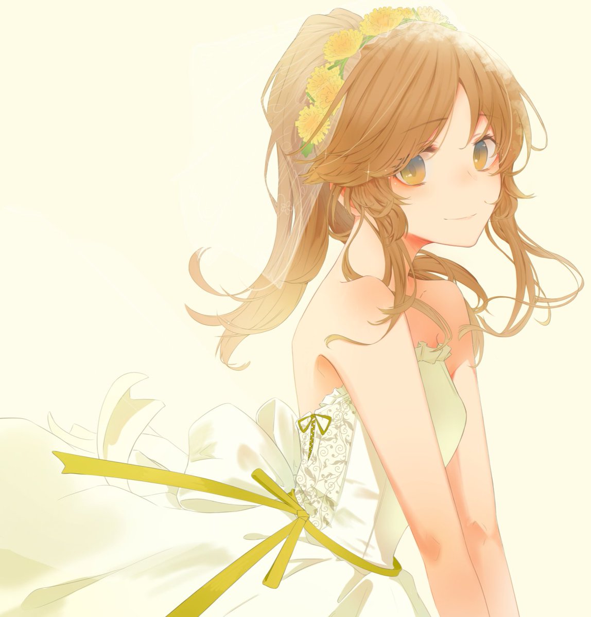 1girl bangs bridal_veil brown_hair closed_mouth dress eyebrows_visible_through_hair flower green_ribbon hair_flower hair_ornament high_ponytail highres idolmaster idolmaster_cinderella_girls looking_at_viewer ponytail ribbon sidelocks sleeveless sleeveless_dress smile source_request swept_bangs takamori_aiko v_arms veil white_dress yellow_eyes yellow_flower