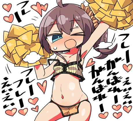 &gt;_o 1girl ;d ahoge arm_up armpits bangs bare_shoulders blush breasts brown_hair cheerleader collarbone crop_top eyebrows_visible_through_hair groin hair_between_eyes hair_ornament hair_scrunchie hand_up head_tilt heart holding hololive kanikama lowres natsuiro_matsuri navel nose_blush one_eye_closed open_mouth orange_scrunchie pom_poms scrunchie side_ponytail sidelocks simple_background small_breasts smile solo strap_slip sweat translation_request virtual_youtuber white_background