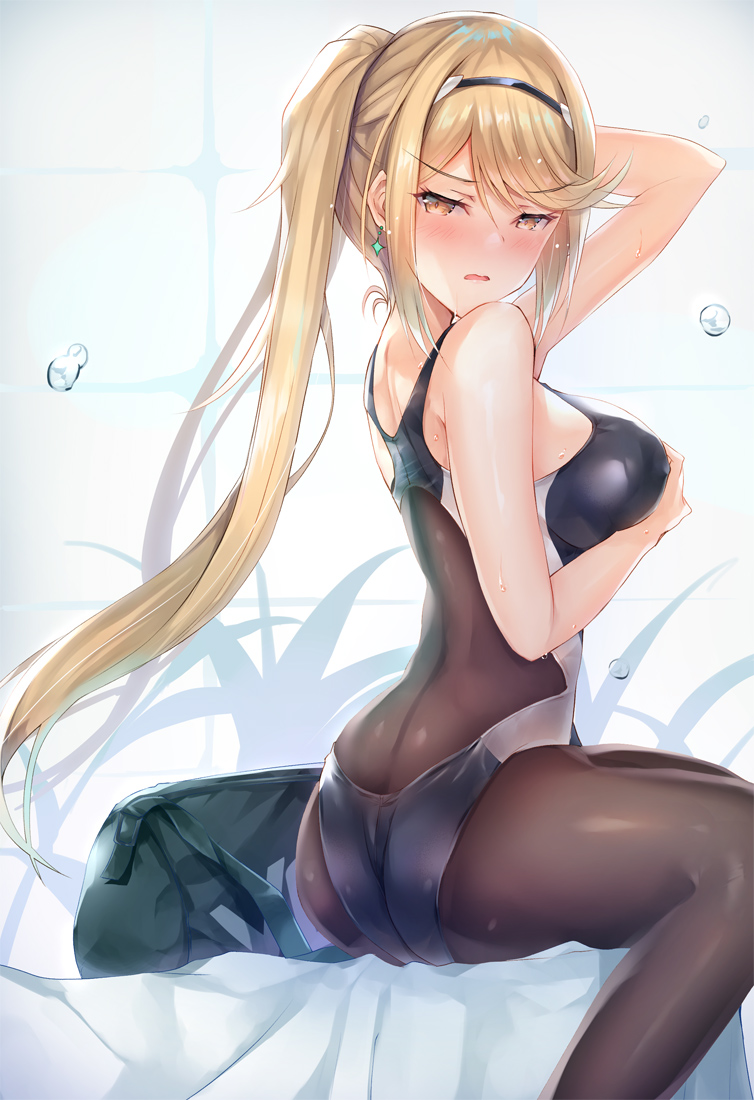 1girl arm_up ass bangs blonde_hair blush breasts competition_swimsuit earrings gem hand_on_own_chest headpiece mythra_(xenoblade) hinot jewelry large_breasts long_hair looking_at_viewer lying nintendo one-piece_swimsuit pantyhose ponytail shadow solo swept_bangs swimsuit thigh_strap tiara wet xenoblade_(series) xenoblade_2 yellow_eyes