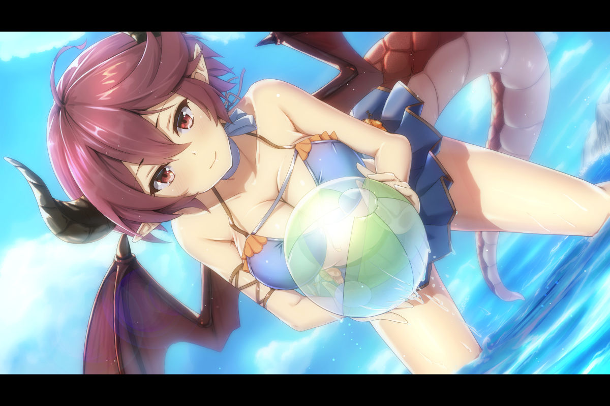 1girl ball bikini blush breasts commentary_request dragon_girl dragon_horns dragon_tail dragon_wings granblue_fantasy grea_(shingeki_no_bahamut) horns keepvalley large_breasts letterboxed looking_at_viewer manaria_friends navel pointy_ears purple_hair red_eyes shingeki_no_bahamut short_hair simple_background skirt solo swimsuit tail water wings