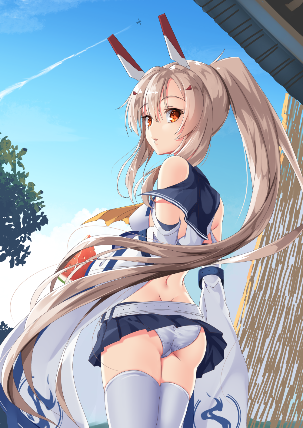 aircraft airplane ass ayanami_(azur_lane) azur_lane bangs bare_shoulders belt blonde_hair blue_skirt clouds cloudy_sky commentary_request cowboy_shot detached_sleeves eyebrows_visible_through_hair food fruit hair_between_eyes headgear highres holding holding_food inu3 long_hair long_sleeves looking_at_viewer looking_back neckerchief open_mouth orange_eyes outdoors panties pantyshot ponytail remodel_(azur_lane) sailor_collar shirt sidelocks skirt sky thigh-highs underwear very_long_hair watermelon white_belt white_legwear white_panties white_shirt yellow_neckwear