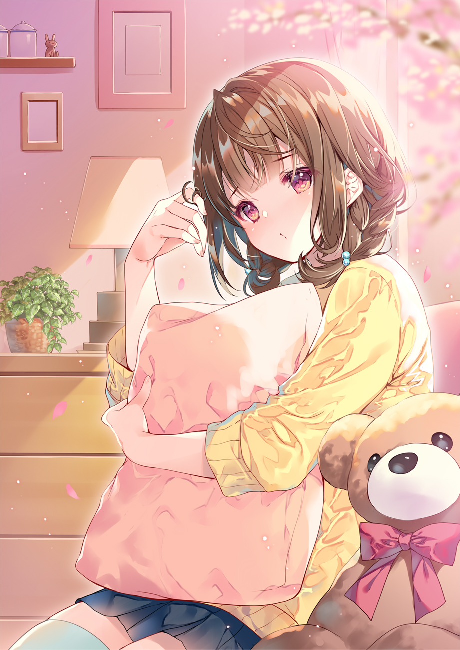 1girl bangs blue_skirt blush braid brown_hair chest_of_drawers closed_mouth commentary_request eyebrows_visible_through_hair fingernails hair_bobbles hair_ornament hair_tousle hand_up head_tilt highres long_sleeves looking_at_viewer miwabe_sakura original pillow pillow_hug pink_nails pleated_skirt red_eyes shelf shirt skindentation skirt solo stuffed_animal stuffed_toy teddy_bear thigh-highs twin_braids white_legwear yellow_shirt