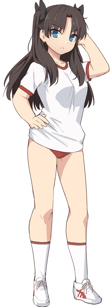 1girl black_hair blue_eyes blush breasts eyebrows_visible_through_hair fate/grand_order fate/stay_night fate_(series) long_hair looking_at_viewer medium_breasts red_shorts shirt shiseki_hirame shoes short_sleeves shorts simple_background socks solo sportswear toosaka_rin two_side_up white_background white_footwear white_legwear white_shirt