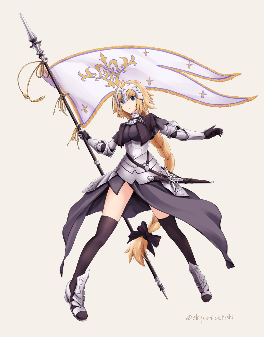 1girl armor armored_boots armored_dress bangs black_gloves black_legwear blonde_hair blue_eyes boots braid breasts brown_background closed_mouth commentary_request dress eyebrows_visible_through_hair fate/grand_order fate_(series) flag gauntlets gloves headpiece holding holding_flag jeanne_d'arc_(fate) jeanne_d'arc_(fate)_(all) long_hair medium_breasts panikuru_yuuto purple_dress simple_background single_braid smile solo standing thigh-highs twitter_username very_long_hair white_flag