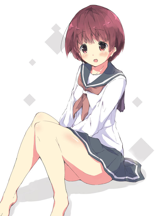 1girl bangs barefoot blouse commentary eyebrows_visible_through_hair kiyosumi_school_uniform legs light_blush long_sleeves miniskirt miyanaga_saki navy_blue_skirt neckerchief open_mouth pleated_skirt print_skirt red_neckwear saki school_uniform serafuku shadow short_hair single_horizontal_stripe sitting skirt smile solo tom_q_(tomtoq) v_arms white_background white_blouse