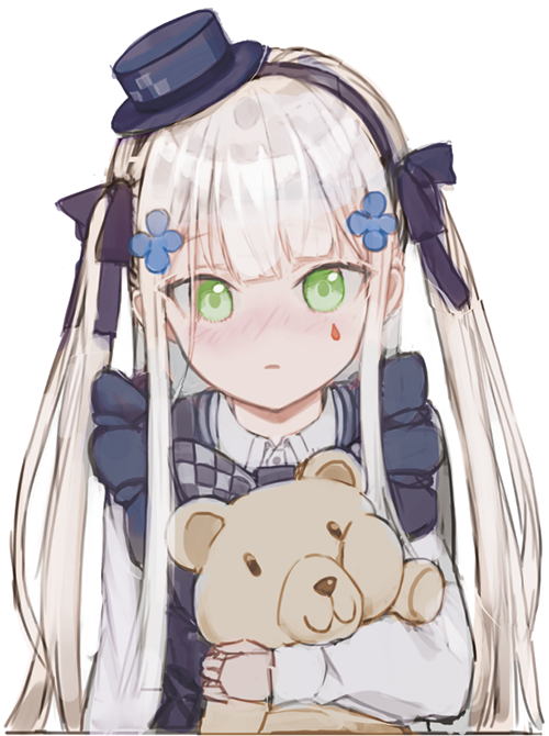 1girl bangs blush dress facial_mark girls_frontline green_eyes hat hk416_(girls_frontline) long_hair looking_at_viewer nlitz silver_hair simple_background solo stuffed_animal stuffed_toy teddy_bear white_background