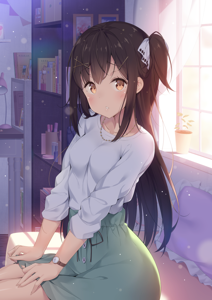 1girl :o bangs black_hair blurry blurry_background blush book bookshelf brown_eyes commentary_request curtains day depth_of_field desk_lamp eyebrows_visible_through_hair frilled_pillow frills green_skirt hair_between_eyes hair_ribbon hatsuki_kaname indoors lamp long_hair long_sleeves one_side_up original parted_lips pennant pillow ribbon shirt sitting skirt solo string_of_flags very_long_hair watch watch white_ribbon white_shirt window