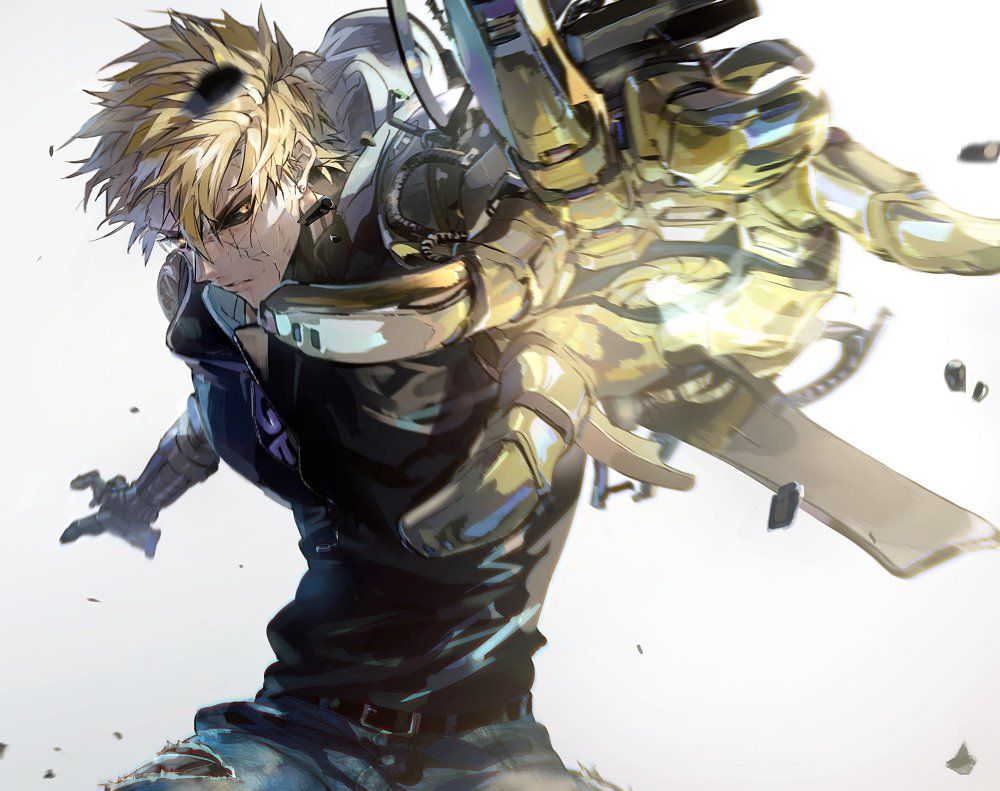 1boy belt black_sclera black_shirt blonde_hair charging cowboy_shot cyborg debris denim earrings genos grey_background jacket jeans jewelry looking_at_viewer lvn_iritoki male_focus mechanical_arm one-punch_man outstretched_arm pants science_fiction shirt short_hair simple_background sleeveless solo spiky_hair stud_earrings torn_clothes yellow_eyes