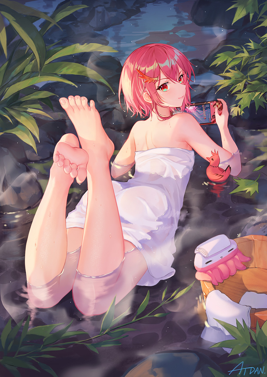 1girl ass atdan back bangs barefoot bird blush bucket eyebrows_visible_through_hair feet hair_between_eyes hair_ornament highres looking_at_viewer looking_back lying naked_towel on_stomach onsen original partially_submerged pink_hair red_eyes short_hair slit_pupils smile soles solo toes towel