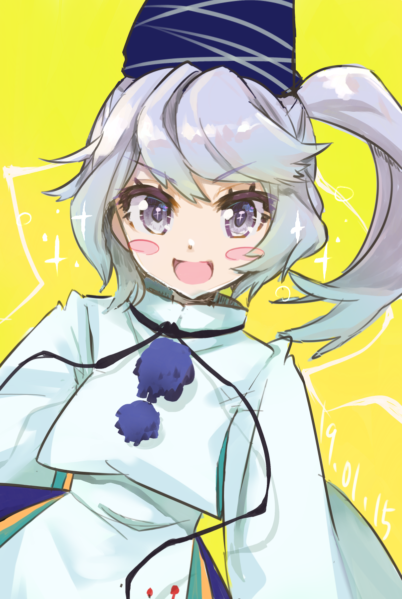 1girl :d bangs black_neckwear black_ribbon blue_headwear blue_skirt blush_stickers commentary_request dated eyebrows_visible_through_hair grey_eyes hat highres long_hair long_sleeves looking_at_viewer mononobe_no_futo neck_ribbon open_mouth pom_pom_(clothes) ponytail ribbon silver_hair simple_background skirt smile solo sparkle syuri22 tate_eboshi touhou upper_body v-shaped_eyebrows wide_sleeves yellow_background