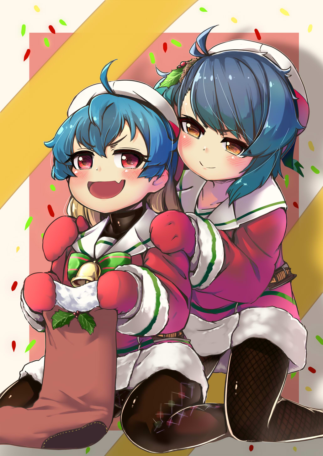 2girls :d alternate_costume bangs bell blonde_hair blue_hair blush bow bowtie brown_eyes christmas commentary_request confetti dress eyebrows_visible_through_hair fang fishnet_pantyhose fishnets fukae_(kantai_collection) fur_trim gigokku gloves gradient_hair hair_between_eyes hair_ornament hands_on_another's_shoulders hat highres holding jingle_bell kantai_collection kneeling long_hair long_sleeves looking_at_another looking_at_viewer mittens multicolored_hair multiple_girls open_mouth pantyhose red_dress red_eyes red_gloves sado_(kantai_collection) sailor_collar sailor_hat school_uniform serafuku short_hair side_ponytail sidelocks simple_background sitting smile wariza