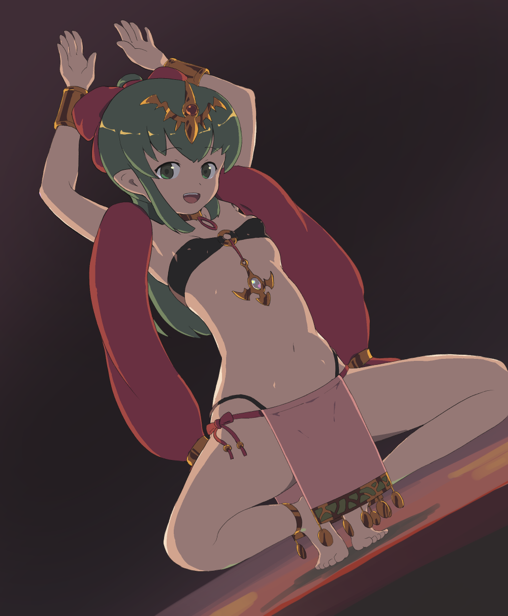 1girl alternate_costume chiki choker fire_emblem fire_emblem:_mystery_of_the_emblem full_body green_eyes green_hair highres long_hair mageddon mamkute o-ring o-ring_top open_mouth pointy_ears ponytail simple_background solo spread_legs squatting tiara