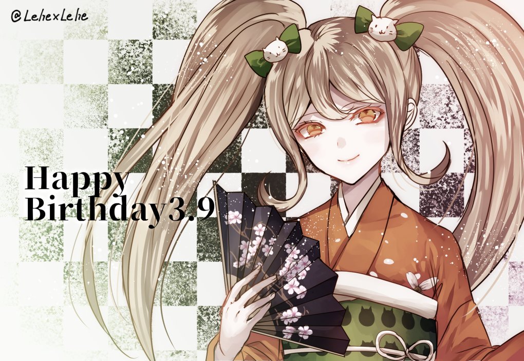 1girl artist_name blonde_hair bow cat_hair_ornament commentary_request dangan_ronpa dated eyebrows_visible_through_hair fan green_bow hair_between_eyes hair_bow hair_ornament happy_birthday holding holding_fan japanese_clothes kimono long_hair long_sleeves looking_at_viewer orange_eyes orange_kimono saionji_hiyoko smile solo super_dangan_ronpa_2 twintails twitter_username upper_body z-epto_(chat-noir86)