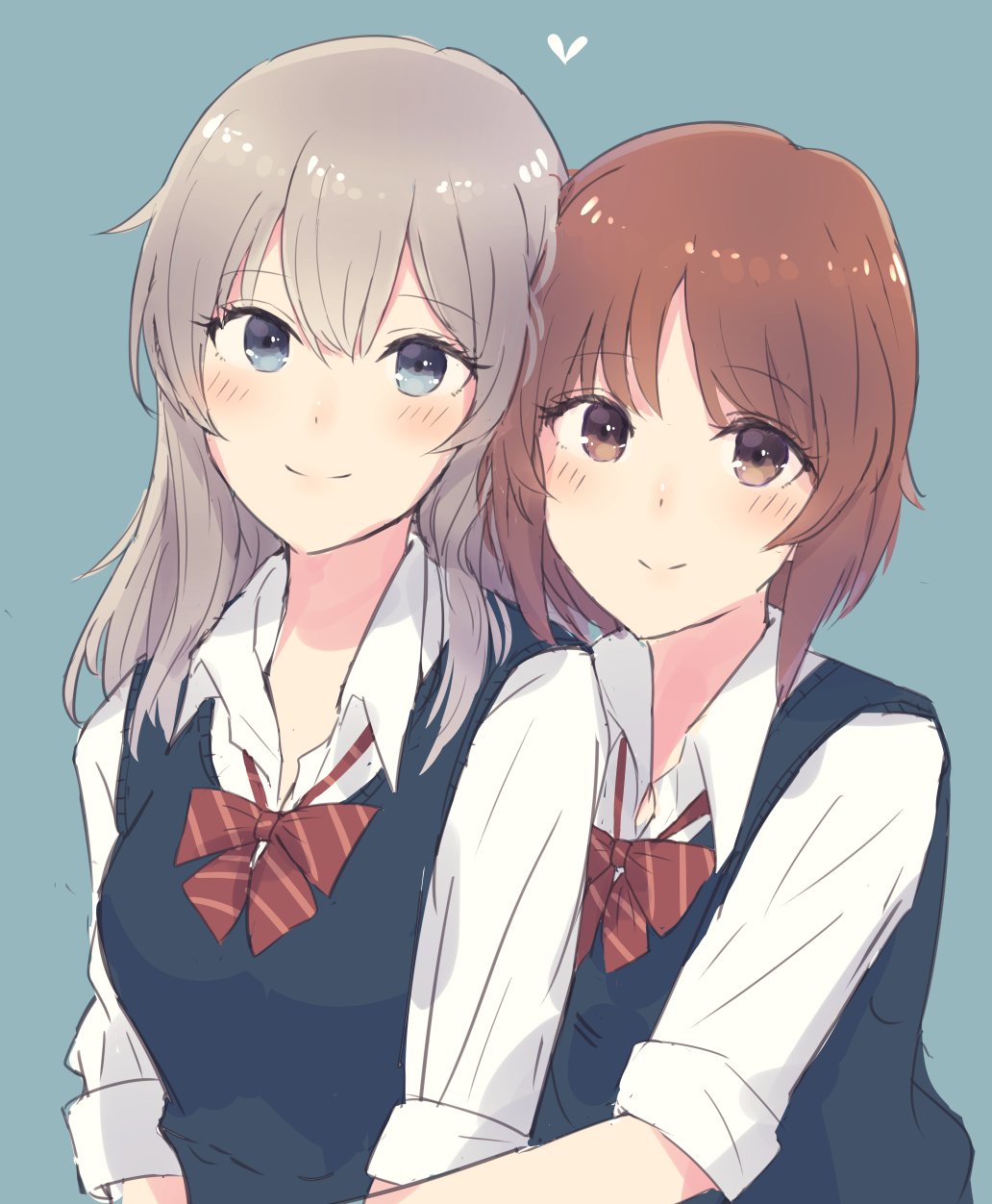 14sai_bishoujo_(shoutarou) 2girls blue_eyes blush brown_eyes brown_hair girls_und_panzer heart highres hug hug_from_behind itsumi_erika long_hair looking_at_viewer multiple_girls nishizumi_miho ribbon school_uniform short_hair silver_hair simple_background sleeves_rolled_up smile vest yuri