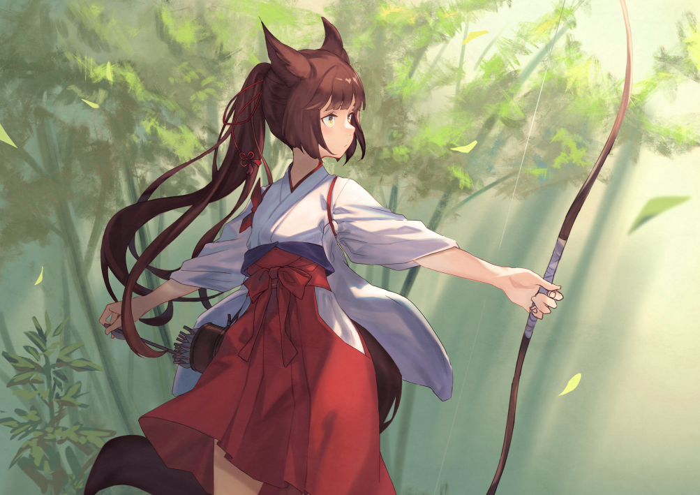 1girl animal_ears archery arrow bamboo bamboo_forest bangs blunt_bangs bow_(weapon) brown_eyes brown_hair cowboy_shot forest fox_ears fox_tail frown hakama japanese_clothes kyuudou leaf long_hair looking_to_the_side nature original outdoors peroncho ponytail profile quiver serious solo tail tasuki weapon
