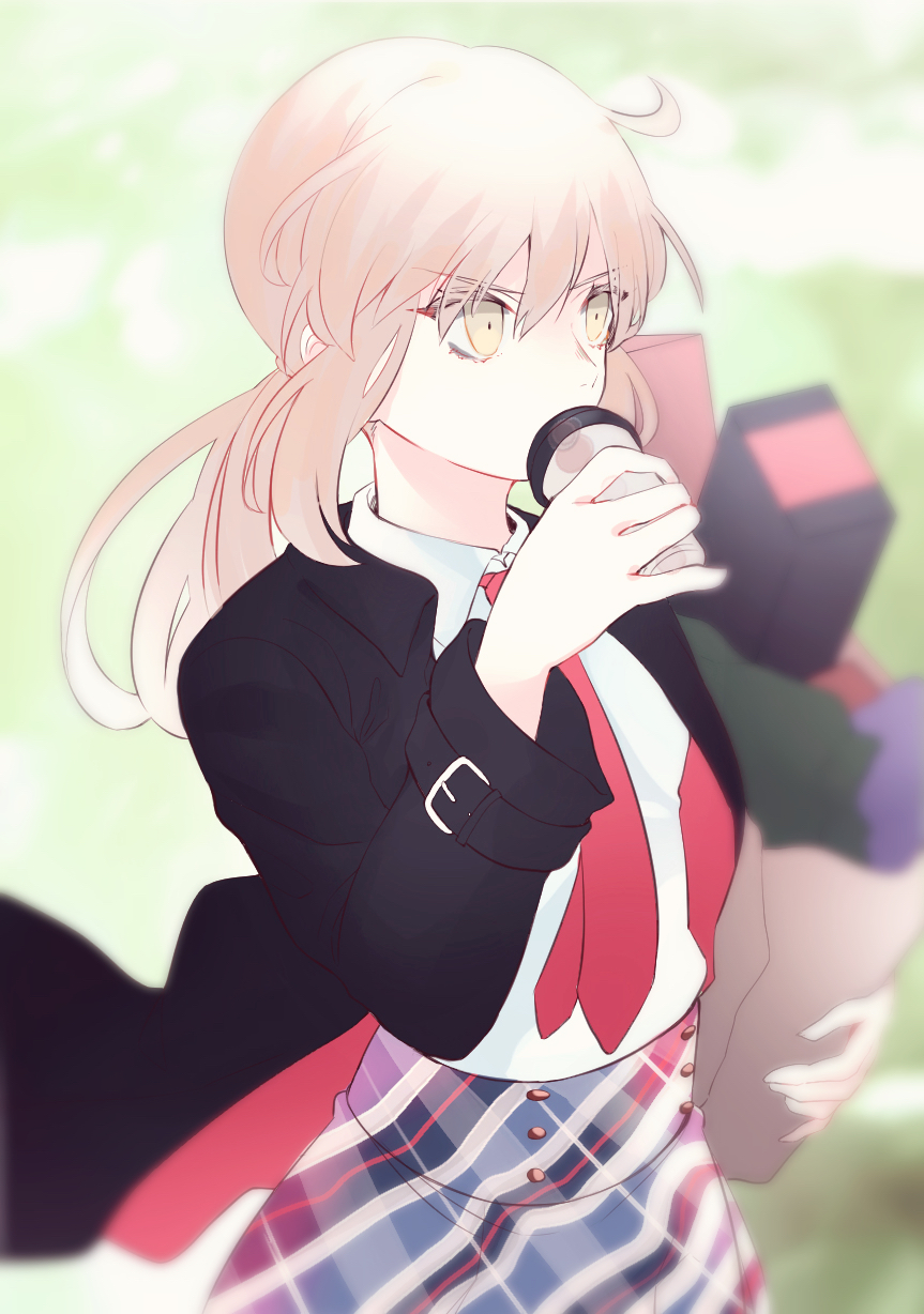 1girl artoria_pendragon_(all) bag belt black_jacket blonde_hair blurry blurry_background can collared_shirt drinking fate/stay_night fate_(series) floating_hair hair_between_eyes highres holding holding_bag holding_can jacket long_hair long_sleeves necktie open_clothes open_jacket paper_bag ponytail print_skirt red_neckwear saber_alter shirt skirt solo standing suzuakks white_shirt wing_collar yellow_eyes