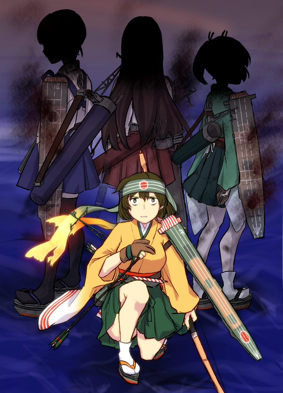 4girls akagi_(kantai_collection) archery arrow battle_of_midway black_legwear bow_(weapon) breasts brown_eyes brown_gloves brown_hair gloves green_hakama hachimaki hair_ribbon hakama hakama_skirt headband highres hiryuu_(kantai_collection) holding holding_arrow holding_bow_(weapon) holding_weapon iwana japanese_clothes kaga_(kantai_collection) kantai_collection kneeling kyuudou large_breasts long_hair looking_at_viewer machinery multiple_girls one_side_up partly_fingerless_gloves quiver remodel_(kantai_collection) ribbon short_hair side_ponytail single_glove solo_focus souryuu_(kantai_collection) tan thigh-highs twintails weapon wide_sleeves yugake yumi_(bow)