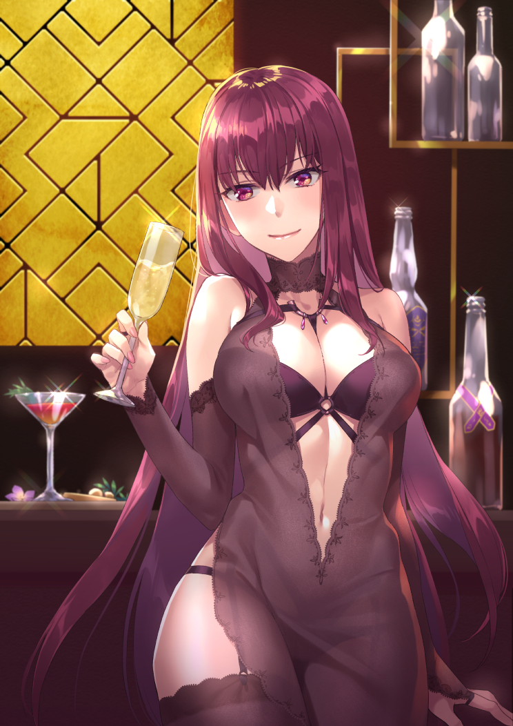 1girl bangs bare_shoulders blush breasts center_opening closed_mouth collarbone cup demmy dress drinking_glass fate/grand_order fate_(series) hair_between_eyes hair_intakes large_breasts long_hair looking_at_viewer navel purple_dress purple_hair red_eyes scathach_(fate)_(all) scathach_(fate/grand_order) smile solo wine_glass