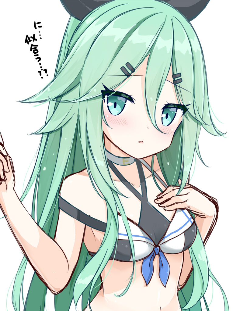 1girl bikini blush bow breasts eyebrows_visible_through_hair green_eyes green_hair hair_between_eyes hair_bow hair_ornament hairclip kamu_(geeenius) kantai_collection long_hair looking_at_viewer open_mouth simple_background small_breasts solo swimsuit translated very_long_hair white_background yamakaze_(kantai_collection)