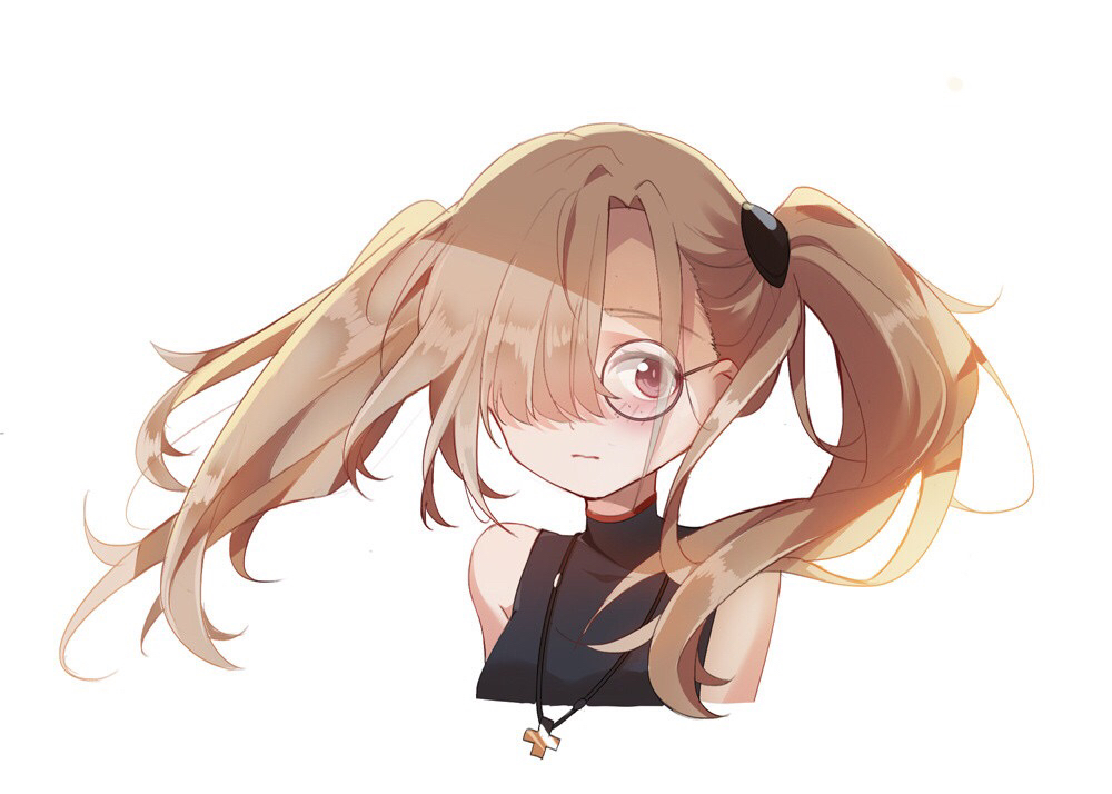 1girl barefoot blush brown-framed_eyewear brown_hair closed_mouth cropped_torso girls_frontline glasses hair_over_one_eye hk21_(girls_frontline) jewelry long_hair looking_at_viewer necklace red_eyes round_eyewear simple_background sleeveless solo twintails upper_body white_background yasuna_(nanjiang)