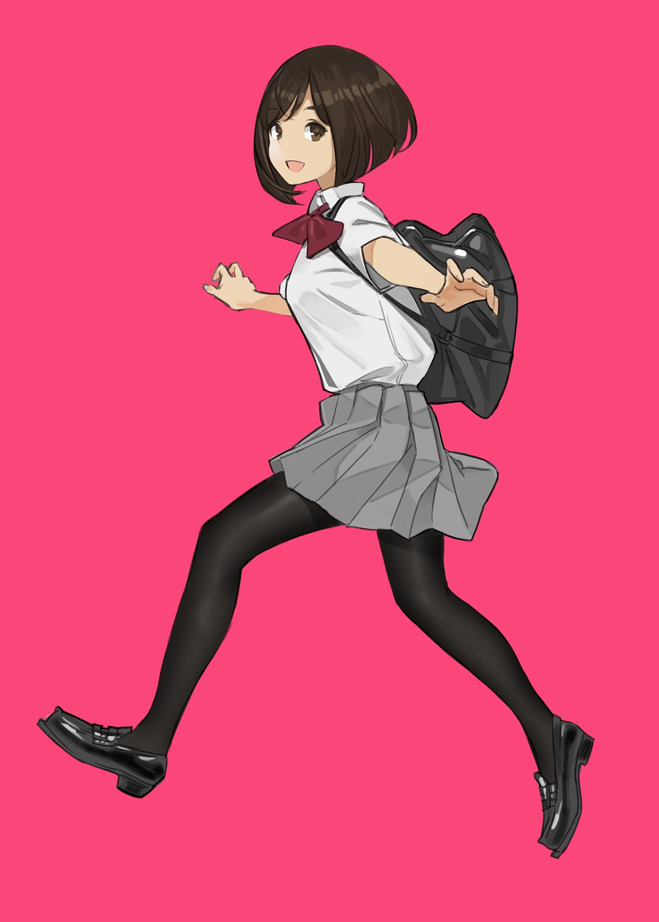 1girl :d backpack bag bangs black_footwear black_legwear bow bowtie brown_eyes brown_hair commentary_request from_side full_body grey_skirt highres loafers looking_at_viewer looking_to_the_side miniskirt miru_tights moegi_homi open_mouth outstretched_arm pantyhose pink_background pleated_skirt purple_bow purple_neckwear running school_uniform shirt shoes short_hair short_sleeves simple_background skirt smile solo swept_bangs white_shirt yomu_(sgt_epper)