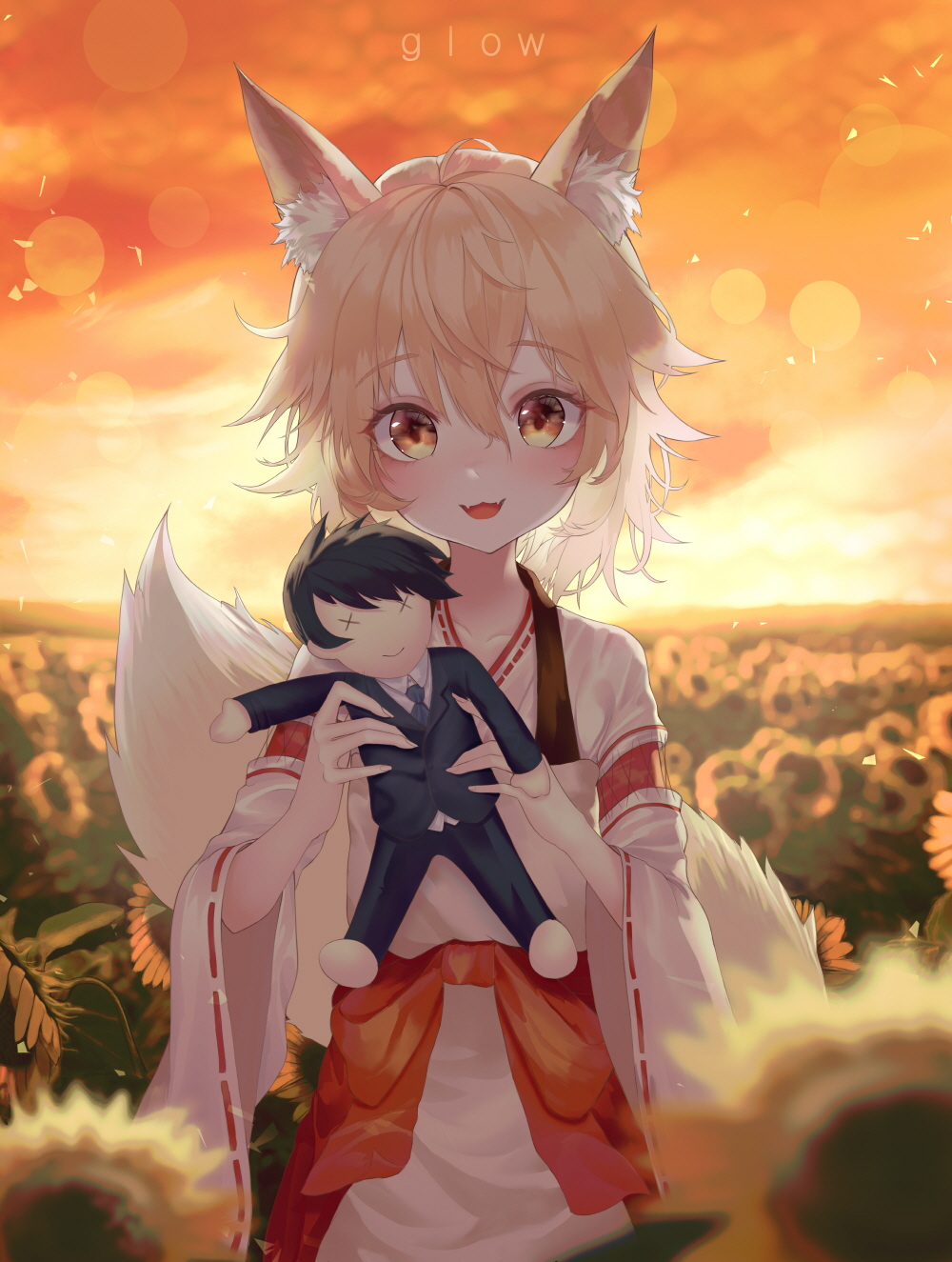 1girl :d animal_ear_fluff animal_ears apron bangs black_jacket black_pants blonde_hair blurry blurry_background blurry_foreground blush bow brown_apron brown_eyes character_doll clouds cloudy_sky collarbone collared_shirt commentary depth_of_field doll eyebrows_visible_through_hair fangs field fingernails flower flower_field formal fox_ears fox_girl fox_tail hair_between_eyes hakama highres holding holding_doll jacket japanese_clothes kimono long_sleeves looking_at_viewer nakano_(sewayaki_kitsune_no_senko-san) open_mouth outdoors pants red_bow red_hakama ribbon-trimmed_sleeves ribbon_trim senko_(sewayaki_kitsune_no_senko-san) sewayaki_kitsune_no_senko-san shirt sky smile solo standing suit sunflower sunset tail white_kimono white_shirt wide_sleeves zain_(jiha3905)