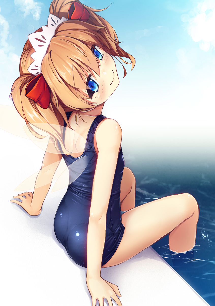 1girl arm_support ass bangs bare_arms bare_shoulders blue_eyes blue_sky blue_swimsuit blush bow chima_q clouds commentary_request day eyebrows_visible_through_hair fairy_wings from_behind hair_between_eyes hair_bow head_tilt headdress highres lace_trim looking_at_viewer looking_back one-piece_swimsuit orange_hair outdoors red_bow shadow short_hair sitting sky smile soaking_feet solo sunny_milk swimsuit thighs touhou twintails water wings