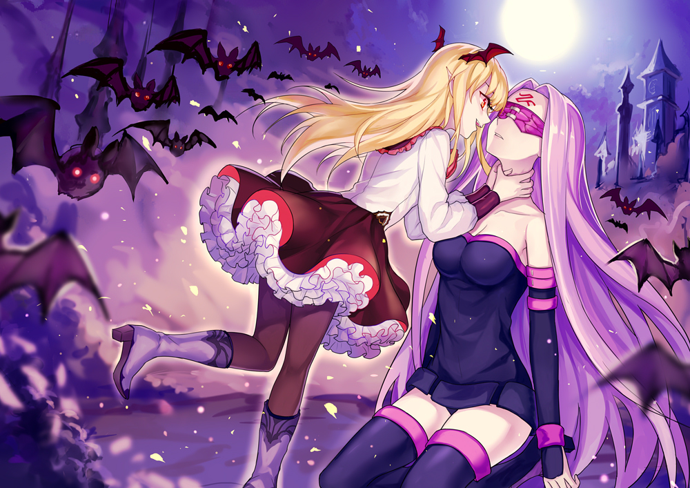 2girls asphyxiation bare_shoulders bat blurry boots brown_legwear building castle choking crossover depth_of_field dress facial_mark fate/stay_night fate_(series) forehead_mark frilled_skirt frills head_wings high_heel_boots high_heels mask mirror_(xilu4) moon moonlight multiple_girls night parted_lips petticoat pointy_ears profile purple_background purple_footwear purple_hair rider shadowverse short_dress sitting skirt standing standing_on_one_leg thigh-highs thigh_boots vampy zettai_ryouiki