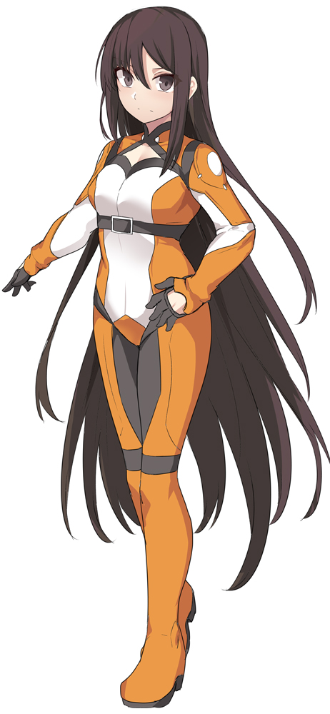 1girl belt black_bodysuit black_eyes black_gloves black_hair bodysuit breasts character_request commentary_request copyright_request frown full_body gloves hair_between_eyes long_hair looking_at_viewer medium_breasts multicolored multicolored_bodysuit multicolored_clothes orange_bodysuit shiseki_hirame simple_background solo very_long_hair white_background white_bodysuit